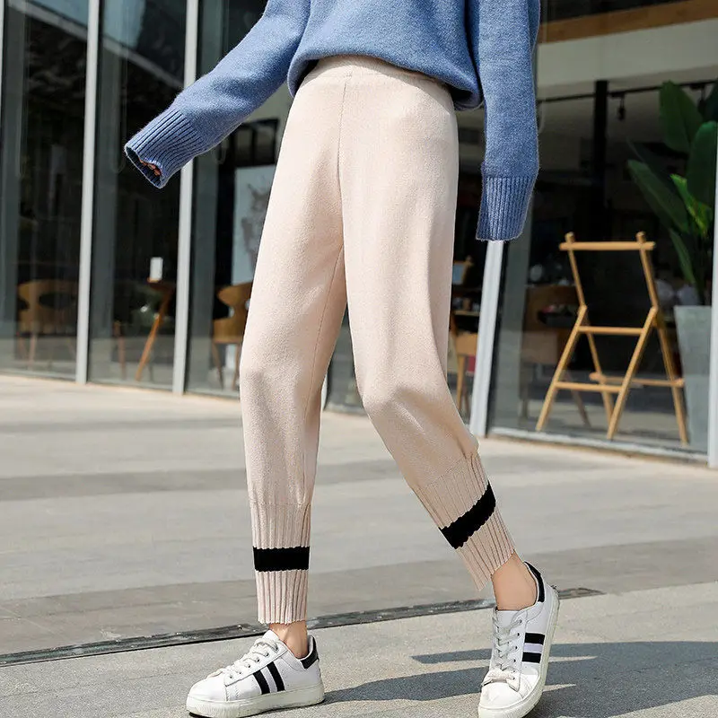 

Женские вязаные шаровары в полоску на осень и зиму, женские толстые свободные брюки с эластичной высокой талией, женские хлопковые брюки до ...