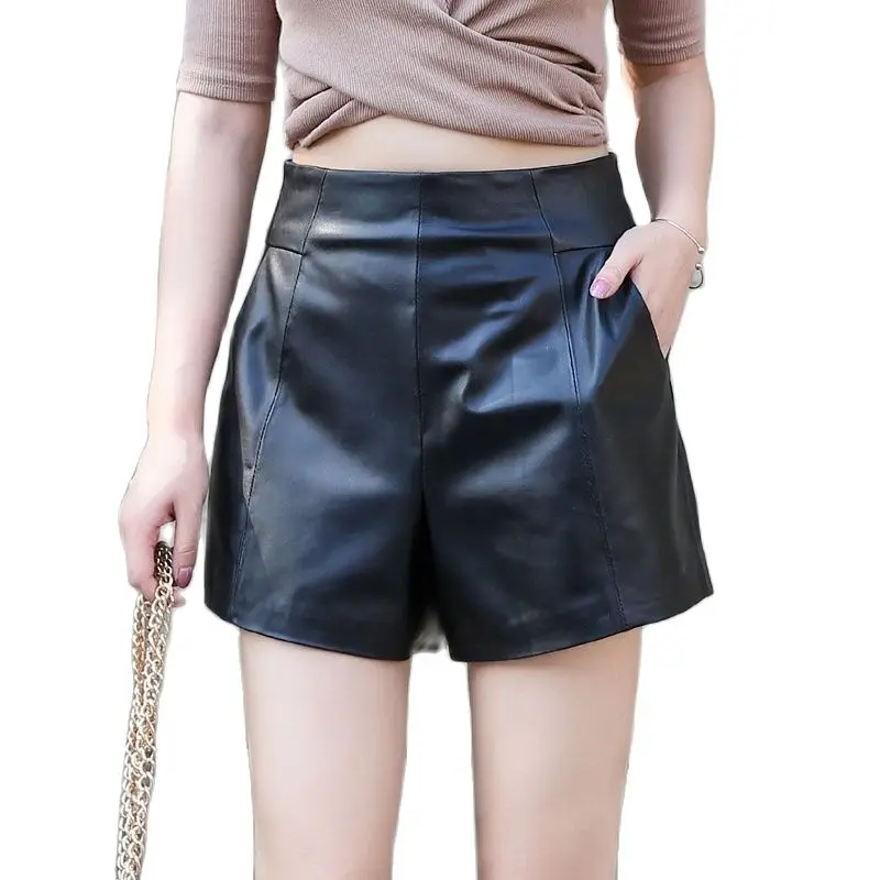 A-1753 Autumn and Winter Clothing New Style All-match High Waist Leather Pants Women Sheepskin A- Line Boots Wide Leg Shorts