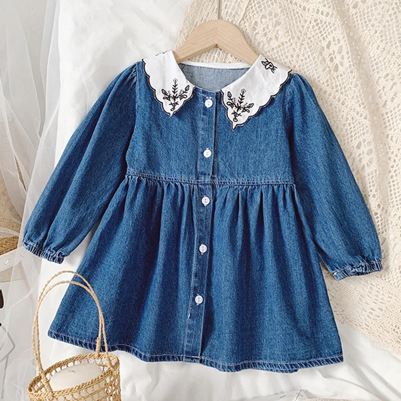 

2021 New Kids Clothes Girls Dress Autumn Lapel Embroidery Print Puff Sleeve Denim Dress Single-breasted Children Clothes