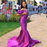 black girl purple elegant mermaid prom dresses off the shoulder puff sleeves appliques women evening gowns plus size custom made