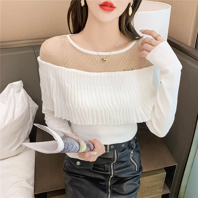 

Женский трикотажный свитер с оборками, облегающий элегантный пуловер с длинным рукавом, сетчатый модный топ с круглым вырезом на весну и ос...