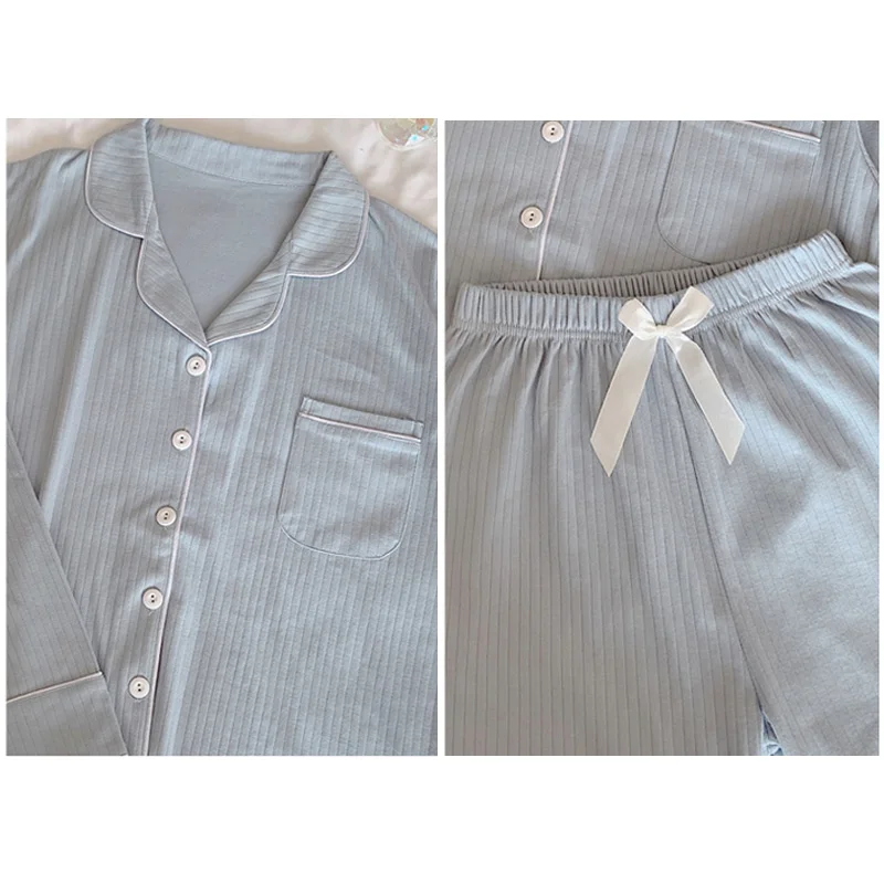 

Cotton Women's Pajamas Sets Pure Color Femme Nighty Winter Thick Casual Sleepwear Girls Turn-down Collar Cute Nightwear