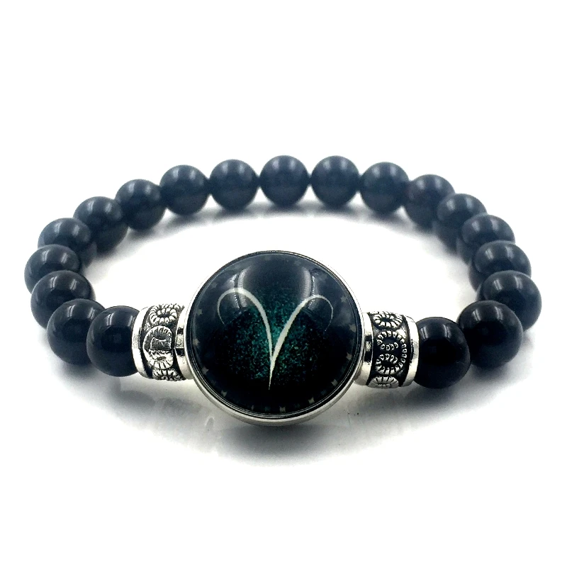 2018 черный круглый обсидиановый браслет ювелирные изделия 12 знаков зодиака с