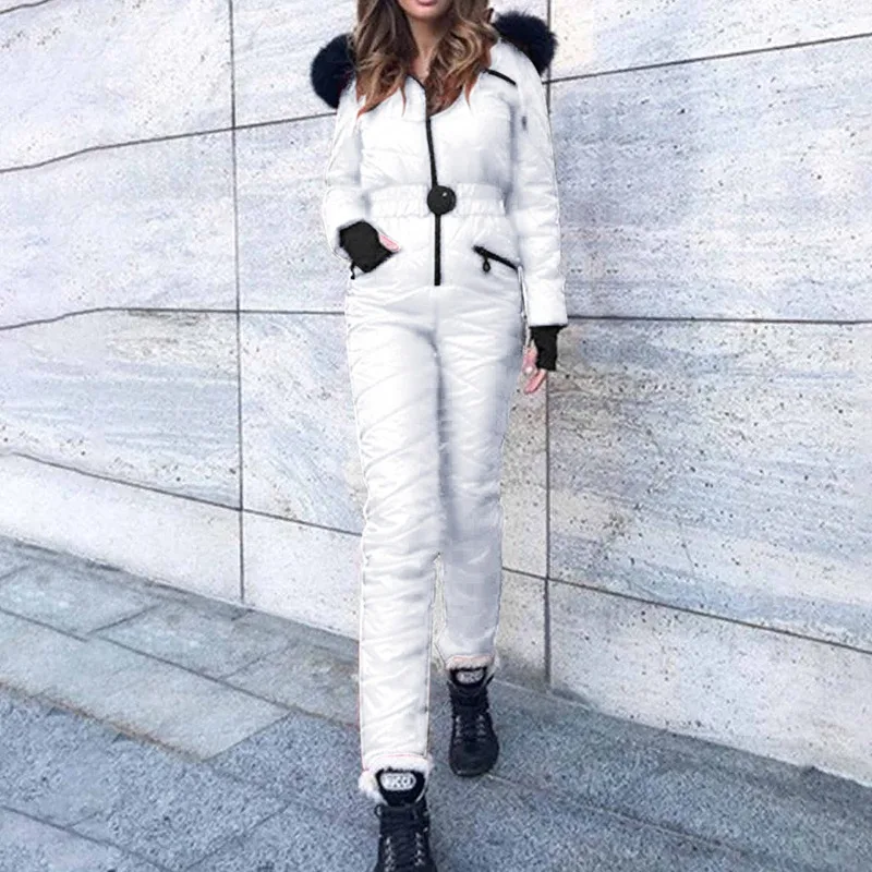 

Fashion Winter Hooded Parka Jumpsuit Women Jackets Bodysuit Sashes Jumpsuits Zipper Overalls Tracksuits Women One Piece Ski Suit