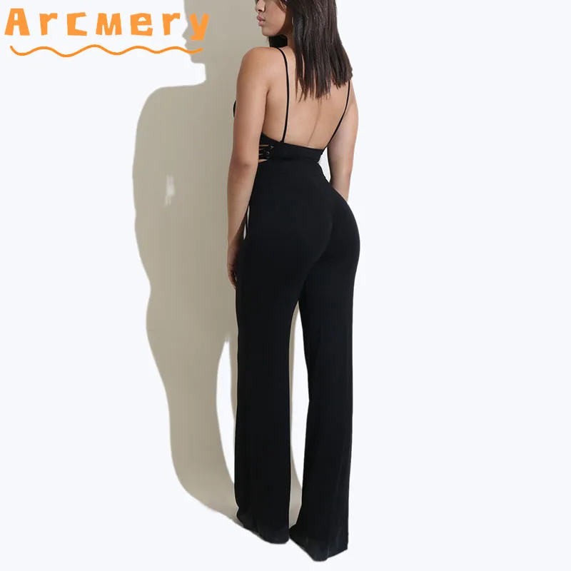 

Women Spaghetti Strap Backless Lace Up Bodycon Wide Leg Jumpsuits