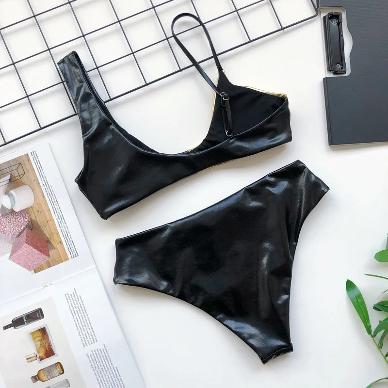 Сексуальное яркое кожаное бикини на молнии лоскутный женский купальник пуш-ап