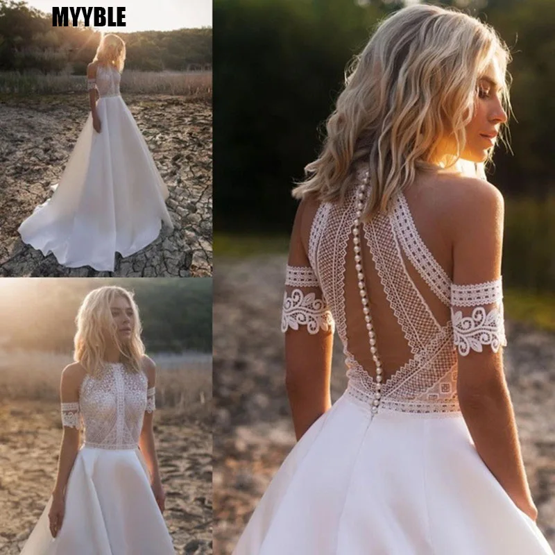 

MYYBLE Robe De Mariee Bohemian Wedding Dresses 2021 New Design Lace Satin Bridal Gowns Button Back A-Line Wedding Dress
