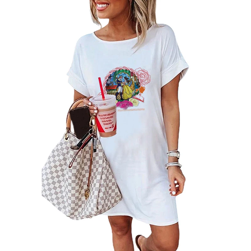 

Princess Belle Posing Kawaii Women's Summer Dress 2021 Large Size Loose T-Shirt Fashion Summer Thin Casual Short Sleeve Dresses