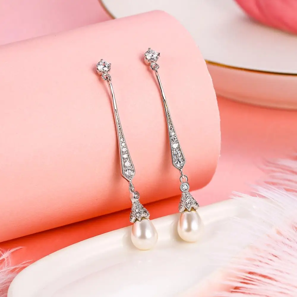 Длинные женские серьги с жемчугом из меди и фианита|long dangle earrings|dangle earringsfashion earrings |