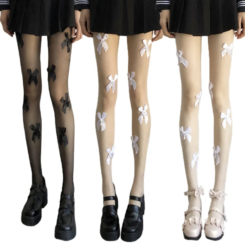 

C6UD Women Sexy See-Through Silky Pantyhose Japanese Lolita Sweet Satin Bowknot Pearl Beaded Tights Kawaii Mesh Stockings