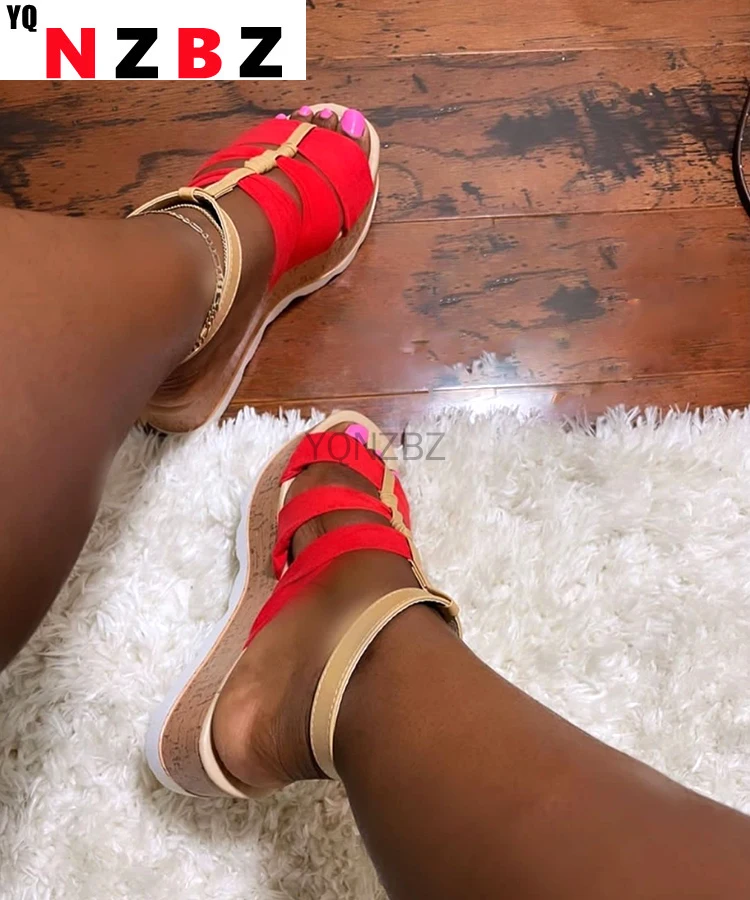 

2021 Woman Wedges Sandals Buckle Strap Thick Bottom Sandals Female Color Matching Casual Summer Beach Shoes Ladies Footwear