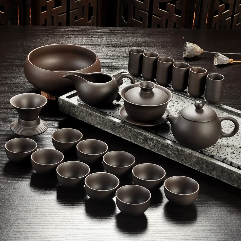 

Purple Sand Tea Set Black/Red Ceramic Kung Fu Teapot Handmade Teacup Gaiwan Tureen Tea Ceremony (Not Include Stone Table)