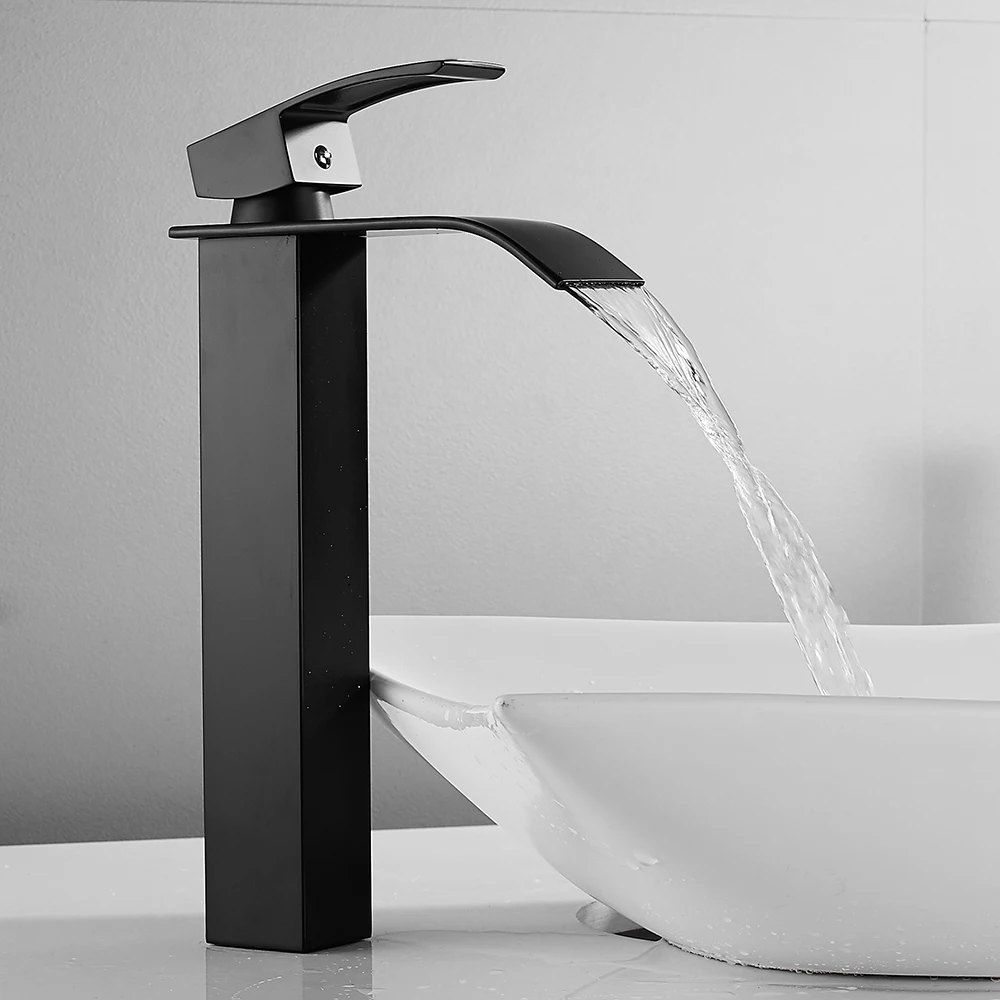 Waterfall Tall Basin Faucet Bathroom Sink Taps Mixer Black Spray Square Mono Stainless Steel Body Zinc Alloy Handle | Обустройство