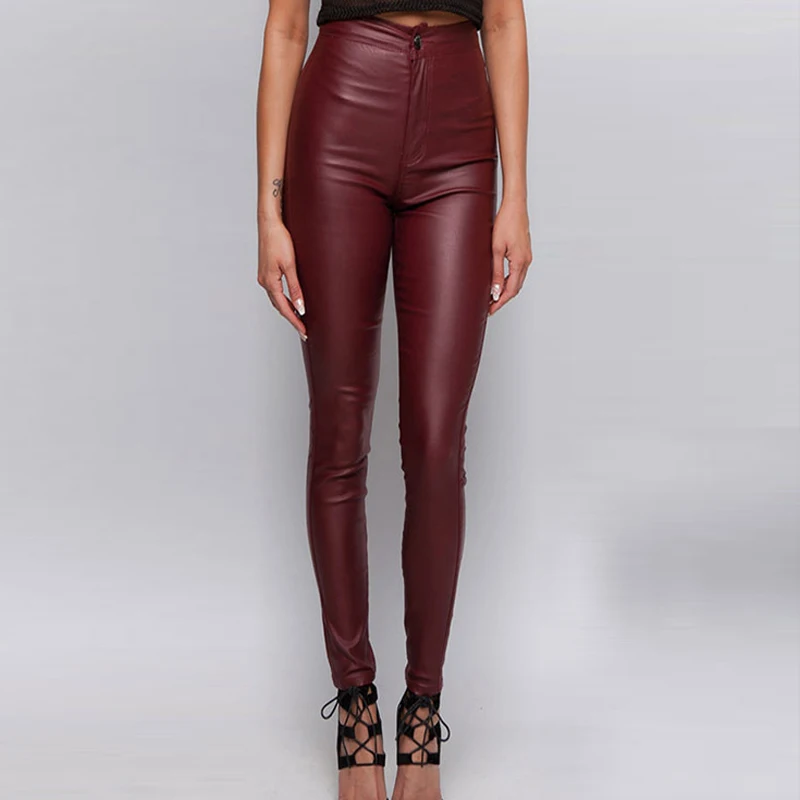 Эластичные брюки из искусственной кожи женские карандаш в байкерском стиле с