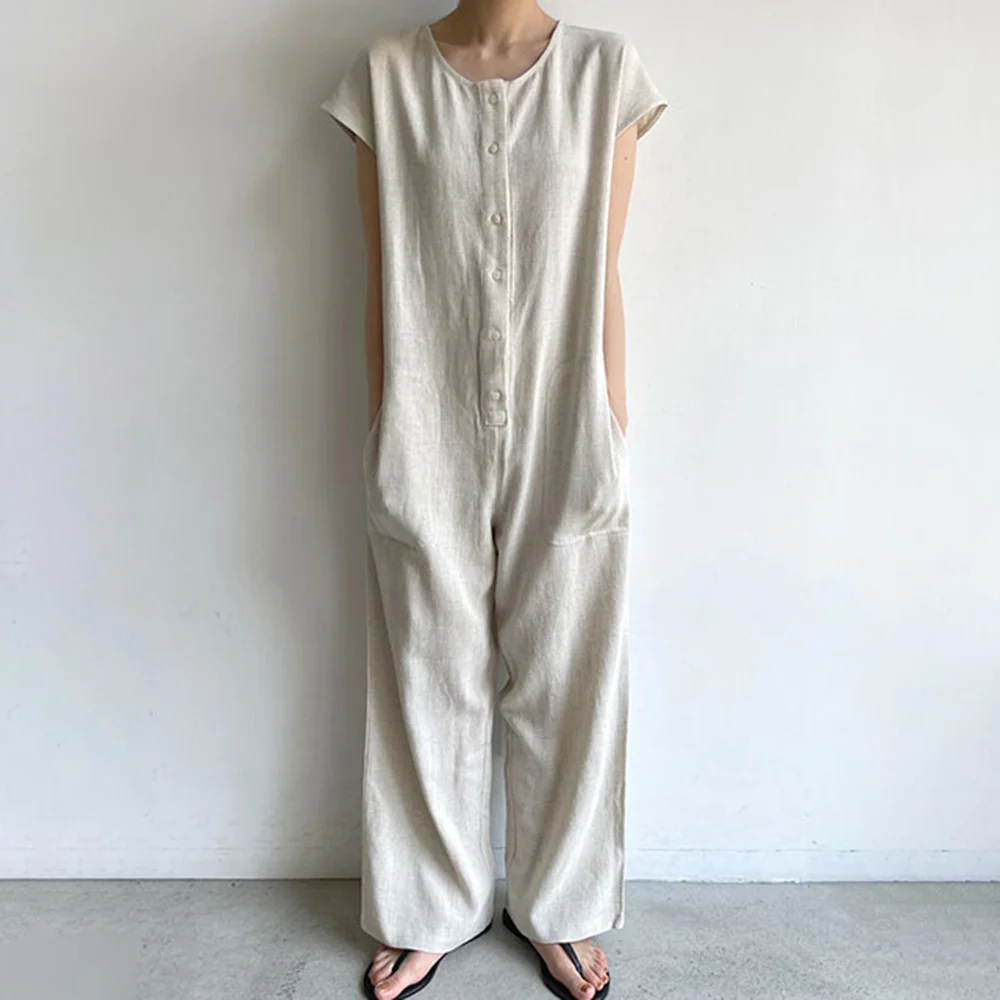 

Женский однотонный комбинезон в японском стиле, повседневный однобортный Свободный комбинезон с круглым вырезом, лето 2021