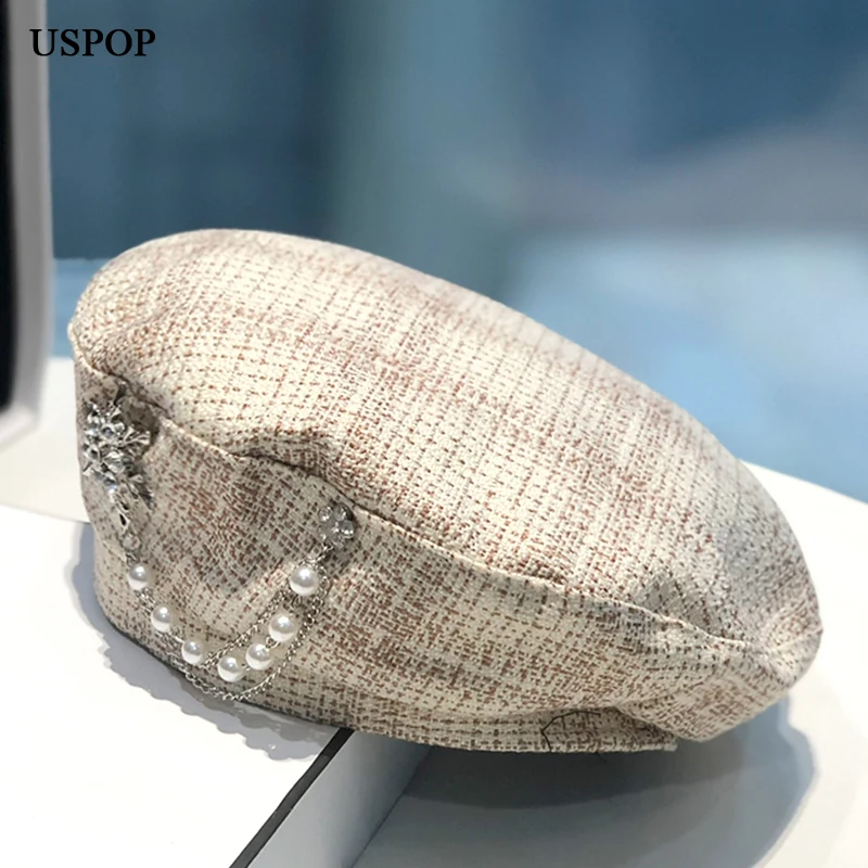 Женский берет в шотландскую клетку USPOP 2020 осенние шапки с жемчужной цепочкой |