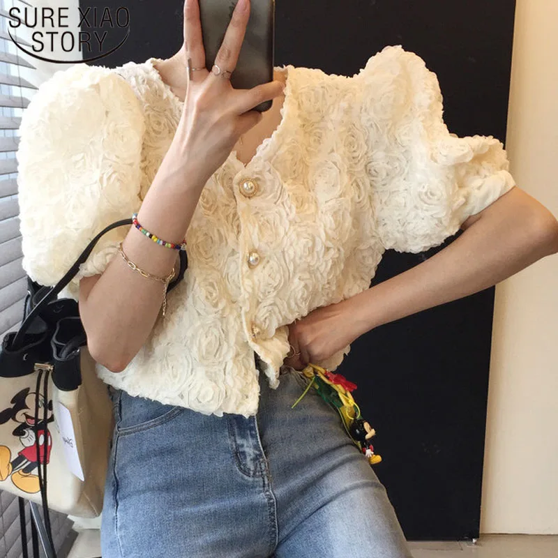 

Женская блузка с коротким рукавом, кружевная блузка абрикосового цвета с V-образным вырезом, нежная Свободная рубашка в Корейском стиле, лет...