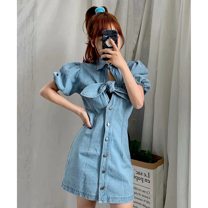 Женские джинсовые синие модные летние мини-платья с бантом женские короткие