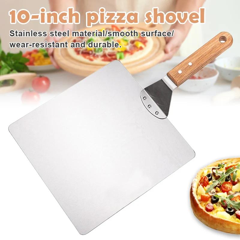 

10 Inch Stainless Steel Shovel for Pizza Safe Transfer with Wooden Handle Square for Pizza Safe Transfer and Baking