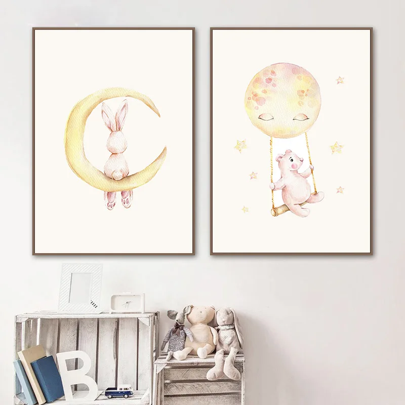 Детские настенные художественные картины на холсте Луна мультфильм животное
