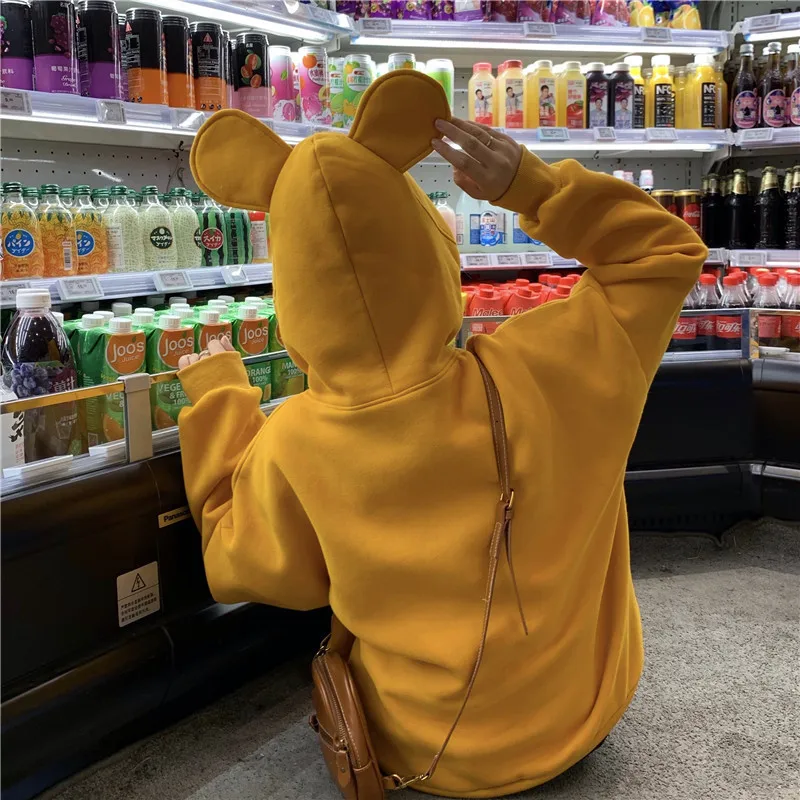 

Winter Harajuku Oversized Sweatshirt Hoodies Cute Cartoon Bear Ear Ladies Fleece Hoodie Korean Style Streetwear Women Pullovers