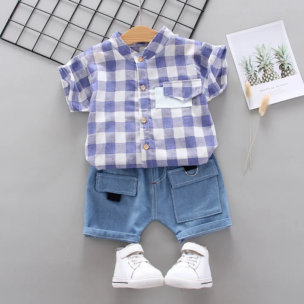 Fashion kids summer suit boy girl plaid top + denim pocket Korean version trend baby clothes пижама детская 50* |