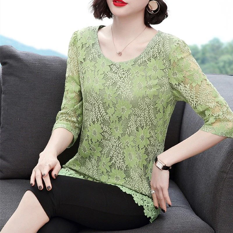 Half Sleeve Lace Blouses Women Shirts Lady Casual Flower Printed Lace Spring Summer Style Blusas Tops 4XL