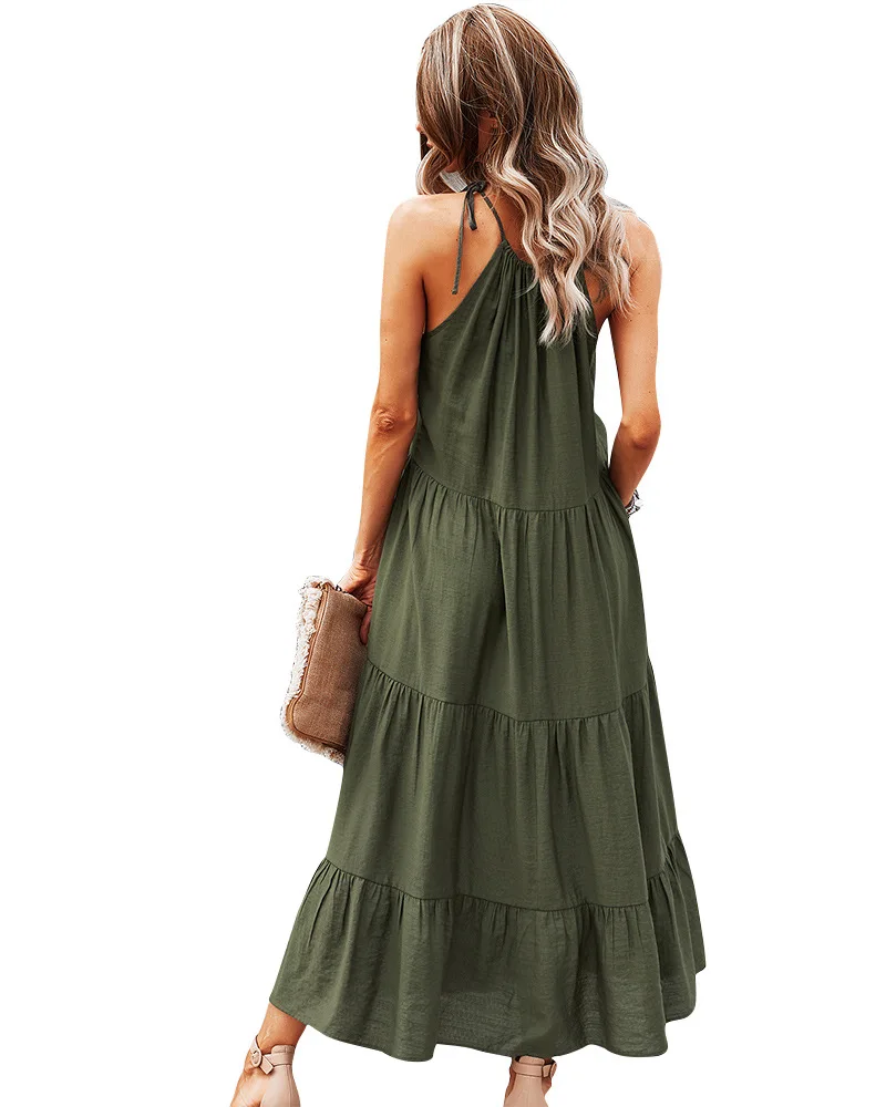 

Fashionable Halter Neck Hollow Pleated Dress 2021 Dress Women Summer Comfortable Solid Color Stitching Hem Mid-length Dress