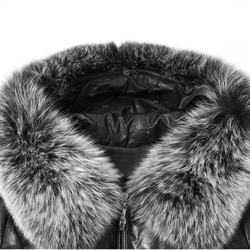 New Women Leather Down Jacket Autumn Winter 2022 Fashion Real Fox Fur Collar And Cuff Thick Warm Hooded Long Sheepskin Down Coat