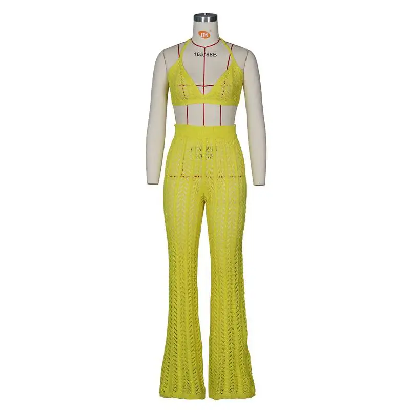 Hollow Out Knitted Fishnet 2 Piece Set Women Halter Backless Crop Tops + High Waist Transparent Wide Leg Pants Summer Tracksuit |