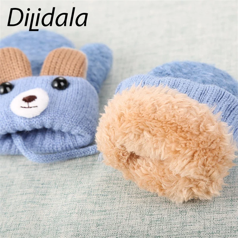 Dilidala/Детские перчатки с милыми ушками медведя из мультфильма; зимние вязаные шерстяные перчатки высокого качества; двухслойные бархатные толстые зимние перчатки для женщин