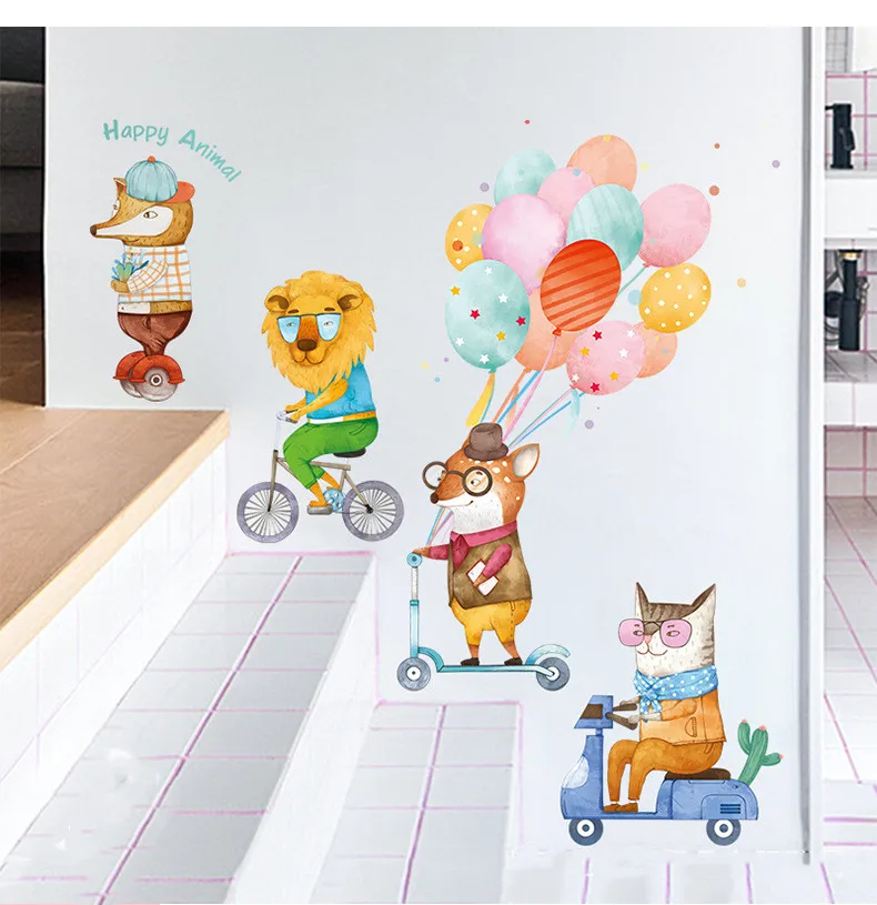 

1PC Big Cartoon Animals Wall Decor Happy Lion Fox Riding Wall Stickers Colorful Balloon For Kids Room Home Decor Funny 60*90cm