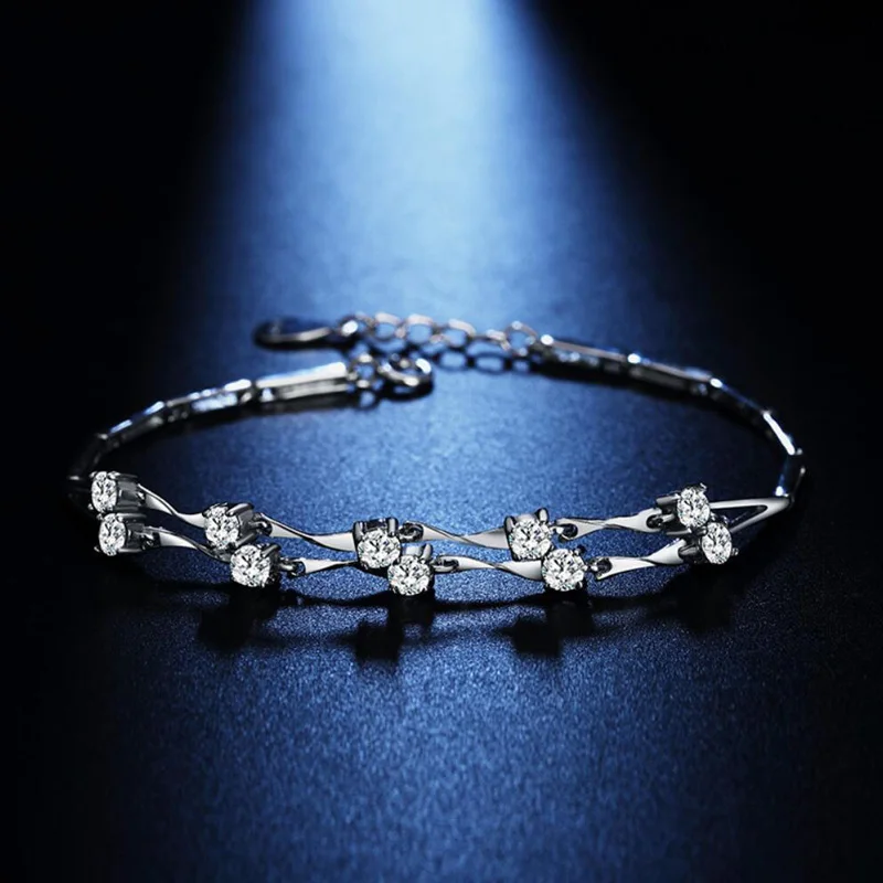 

KOFSAC Luxury Women Bamboo Bracelets Double Chain Zircon Bangle 925 Sterling Silver Jewelry Lady Fashion Valentine's Day Gifts