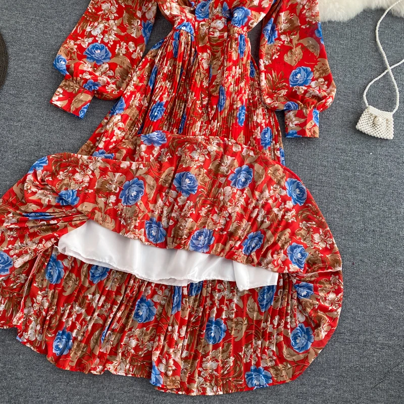 

Beach Autumn Floral Print Dresses Women Chic Bow Collar Pleat Long Dress Boho Fashion Clothing Red Chiffon Lantern Sleeve Dress