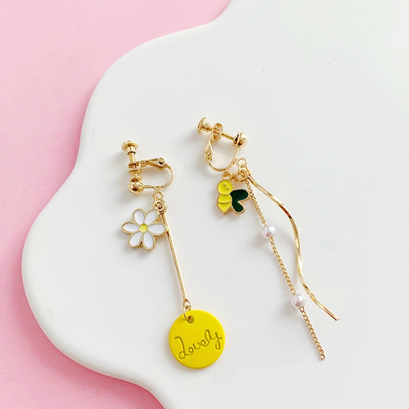2019 Korea New Gold Color Asymmetric Animal Elephant Rabbit Bear Cat Ear cuff No Piercing Pearl Long Clip Earrings For Women | Украшения и