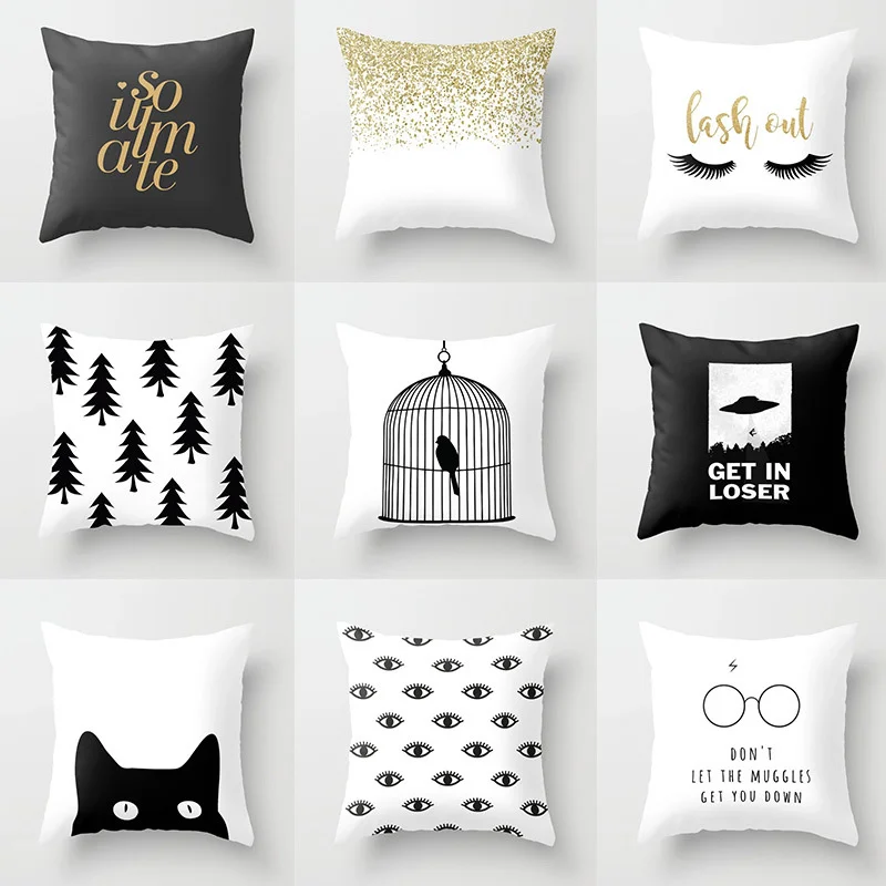 

New Black and white Simple Printing Pattern Peach Skin Cashmere Pillow Case Home Sofa Cushion Cover Pillowslip 45*45 Cm