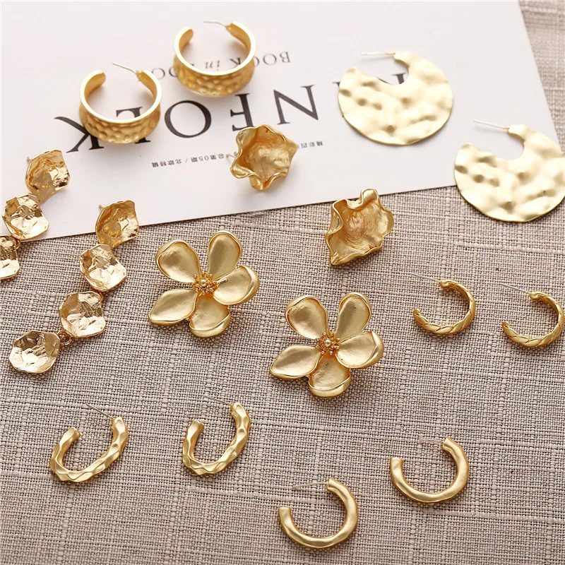 New Korean Irregular Matte Gold Open Hoop Earrings Vintage Hammered Twisted Geometric Circle Drop for Women | Украшения и