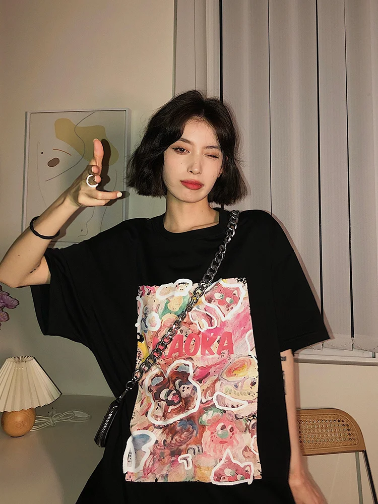 White Short Sleeve T-shirt Women's Summer New Loose Graffiti Printed Half Top Fashion | Женская одежда