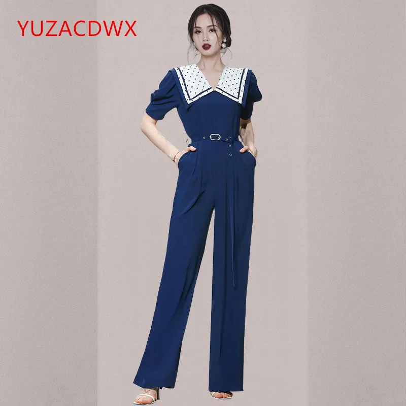 YUZACDWX Summer Office High Waist Straight Doll Collar Blue Jumpsuit Women Fashion Casual Rompers Work Siamese Pants