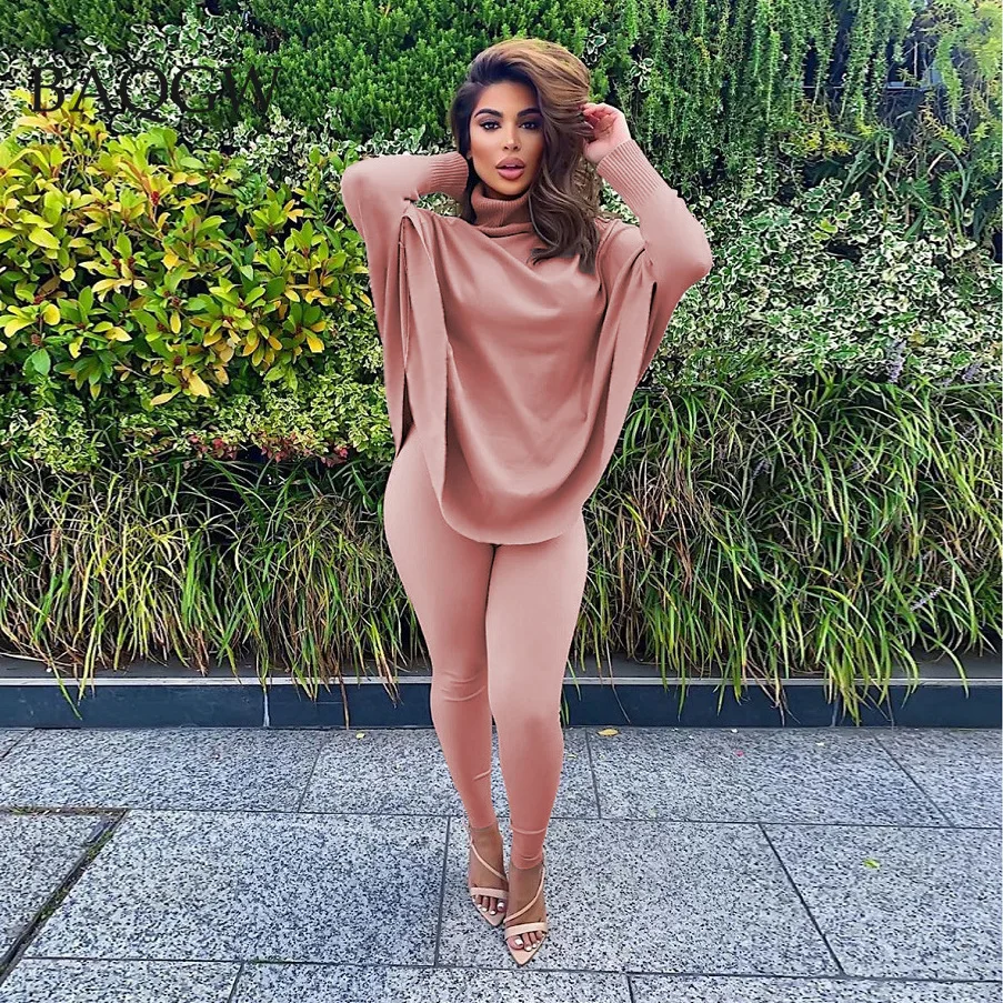

Autum Winter Solid Turtleneck Batwing Sleeve Warm Sweatsuit for Women Long Sleeve Pencil Pants Large Size Two Piece Casual Suit