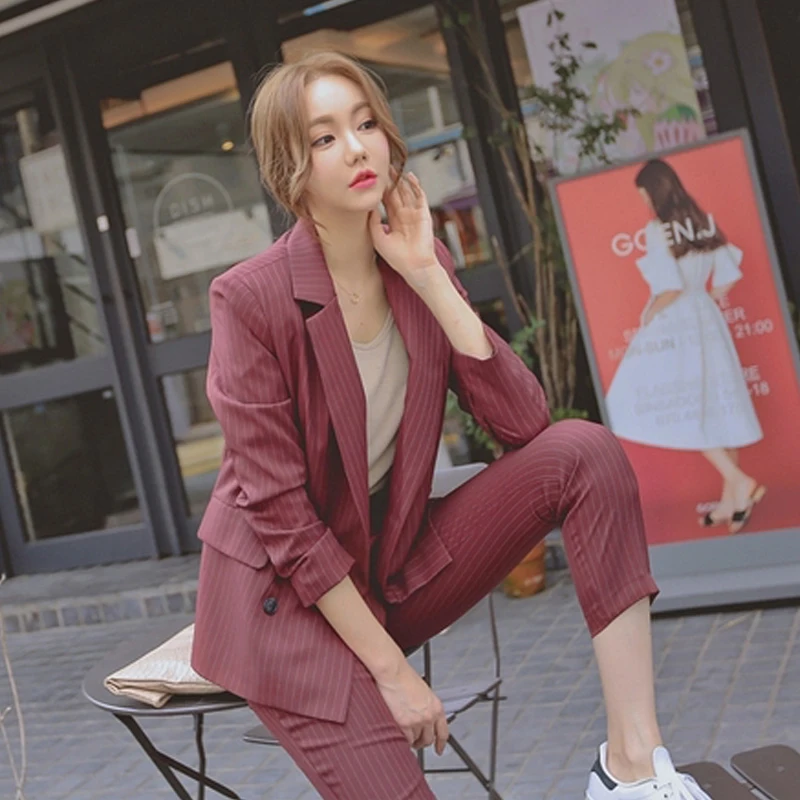 

Work Fashion Pant Suits 2 Piece Set for Women Striped Blazer Jacket & Trouser Office Suit Lady Formal
