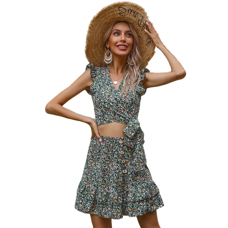 

Floral wrap flounces vest set two pieces for women