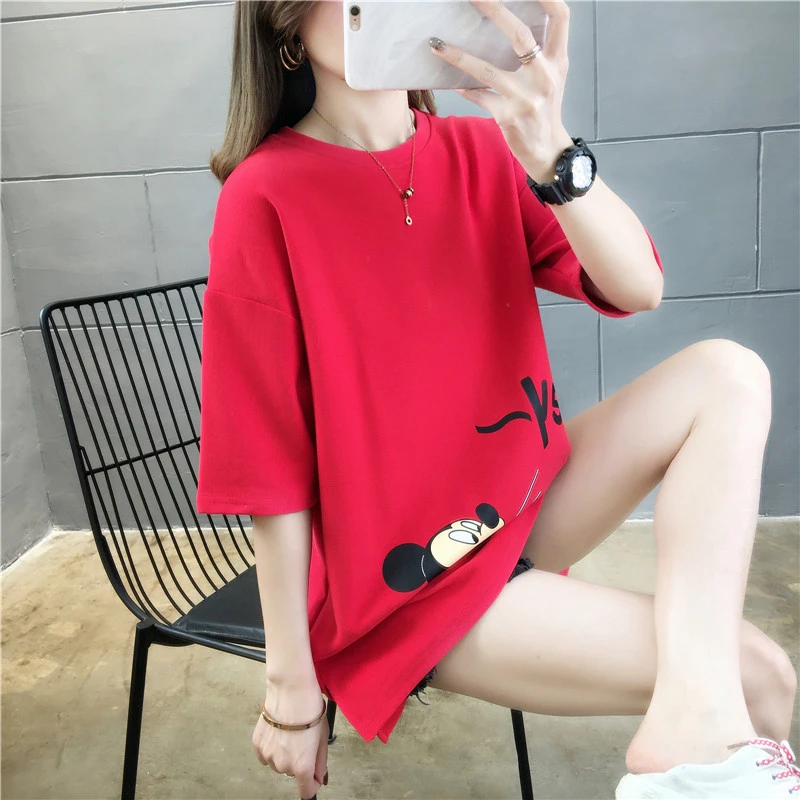 

Женская свободная футболка с коротким рукавом, длинная Базовая футболка с круглым вырезом и принтом Микки Мауса, в Корейском стиле, лето 2020