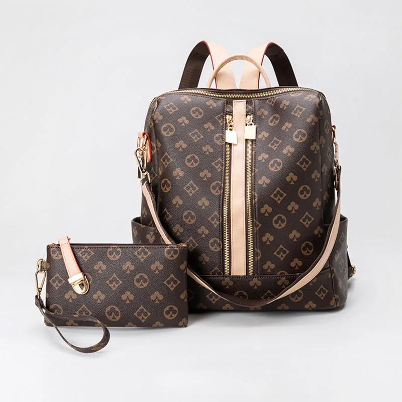 

Luxury printed leather women's backpack anti theft Brown backpack with purse backpack girl mochila schoolbag