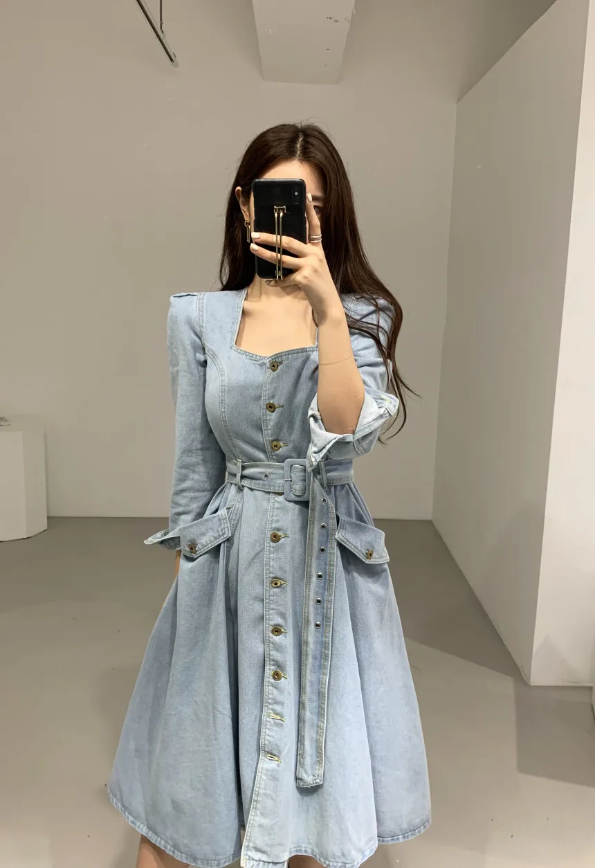 

Women Sleeve Denim Dress Korean Long Spring Autumn Vintage Neck Single-Breasted Tunic Wrap Jeans Dresses