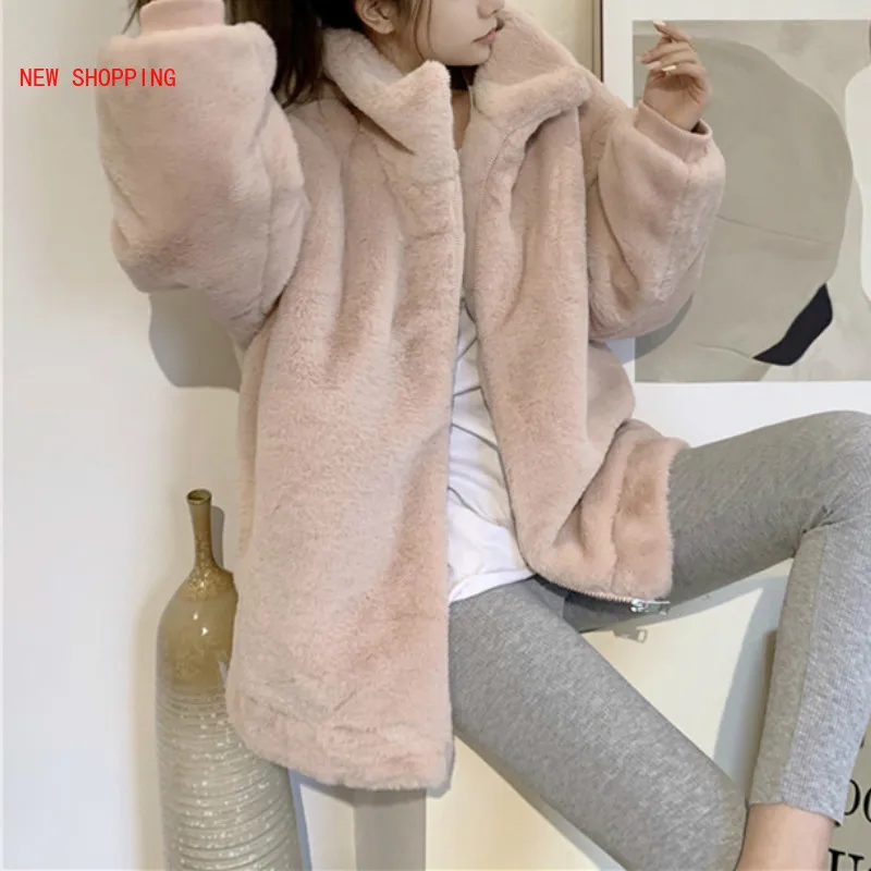Beige Stand Collar Short Faux Fur Coat Thick 2022 New Winter Warm Plush Women's Jacket Korean Elegant Zipper Furry Outwear Pink
