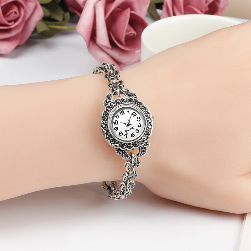 

REVELRY Luxury Antique Silver Wrist Watch Turkish Rhinestone Bracelet Watches Women Vintage Geneva Designer Quartz Watch Womens