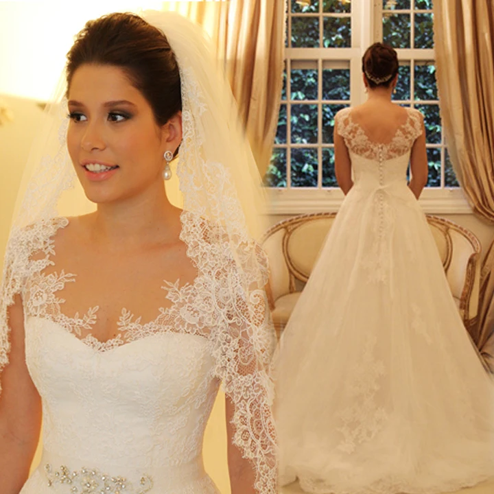 

2016 New Design Vestidos De Noivas Cap Sleeves Appliques A Line Lace Wedding Dresses Free Shipping bride dress BO1903