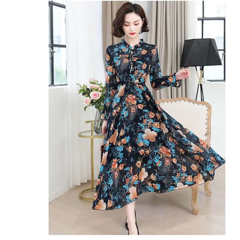 

Fashion Chiffon dress female spring autumn 2019 new long-sleeved waist slim Elegance temperament floral long vestidos D135