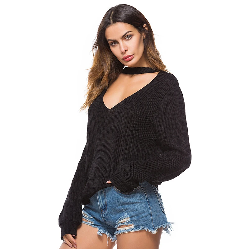 Женский вязаный базовый свитер сексуальный однотонный пуловер с глубоким